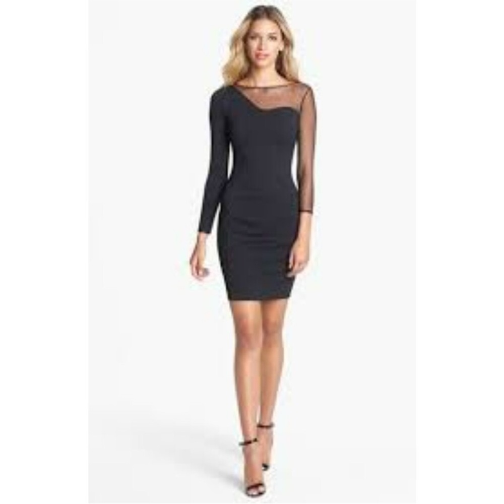 Halston Heritage Black illusion Mesh Long Sleeve Dress